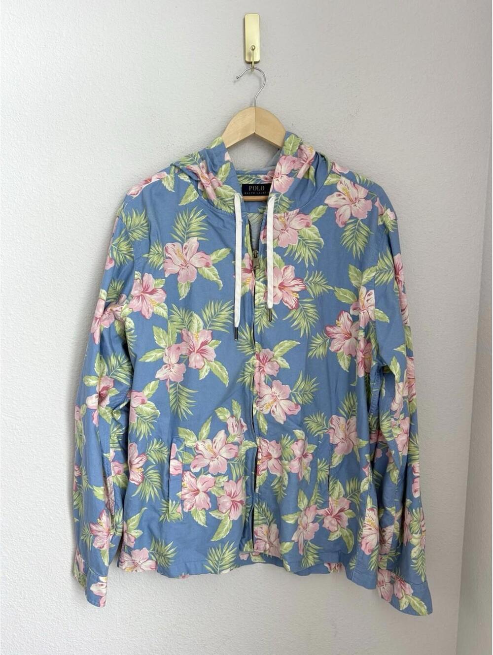 Polo Ralph Lauren Floral Hibiscus Full Zip Hoodie XL Blue Pink Tropical Jacket
